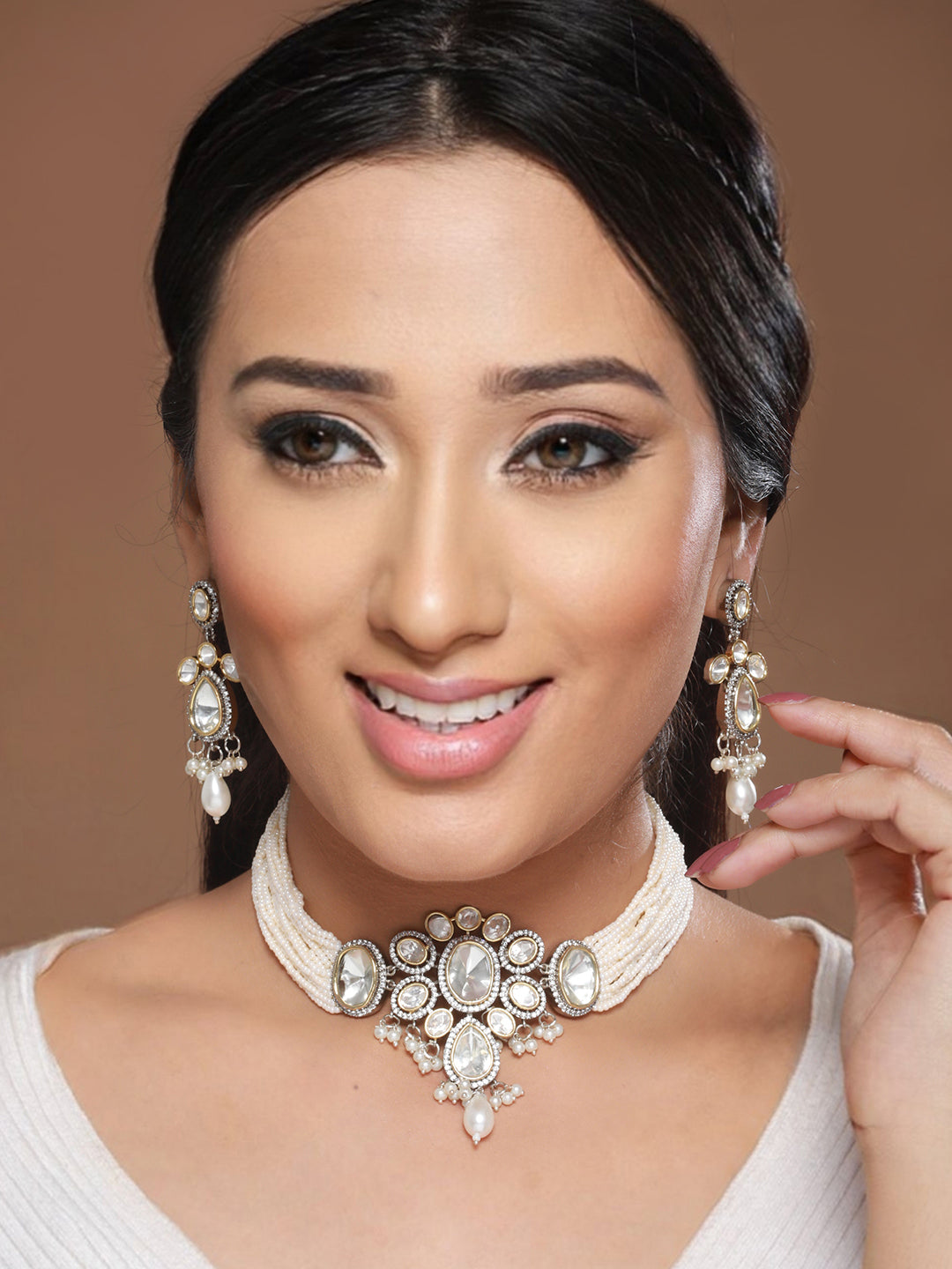 GoldPlated White Uncut Polki & Pearl Beaded Floral Choker Jewellery Set, zaveri pearls, sale price rs, sale price, sale gold plated, sale gold, sale, rubans, ring, regular price, priyassi jew